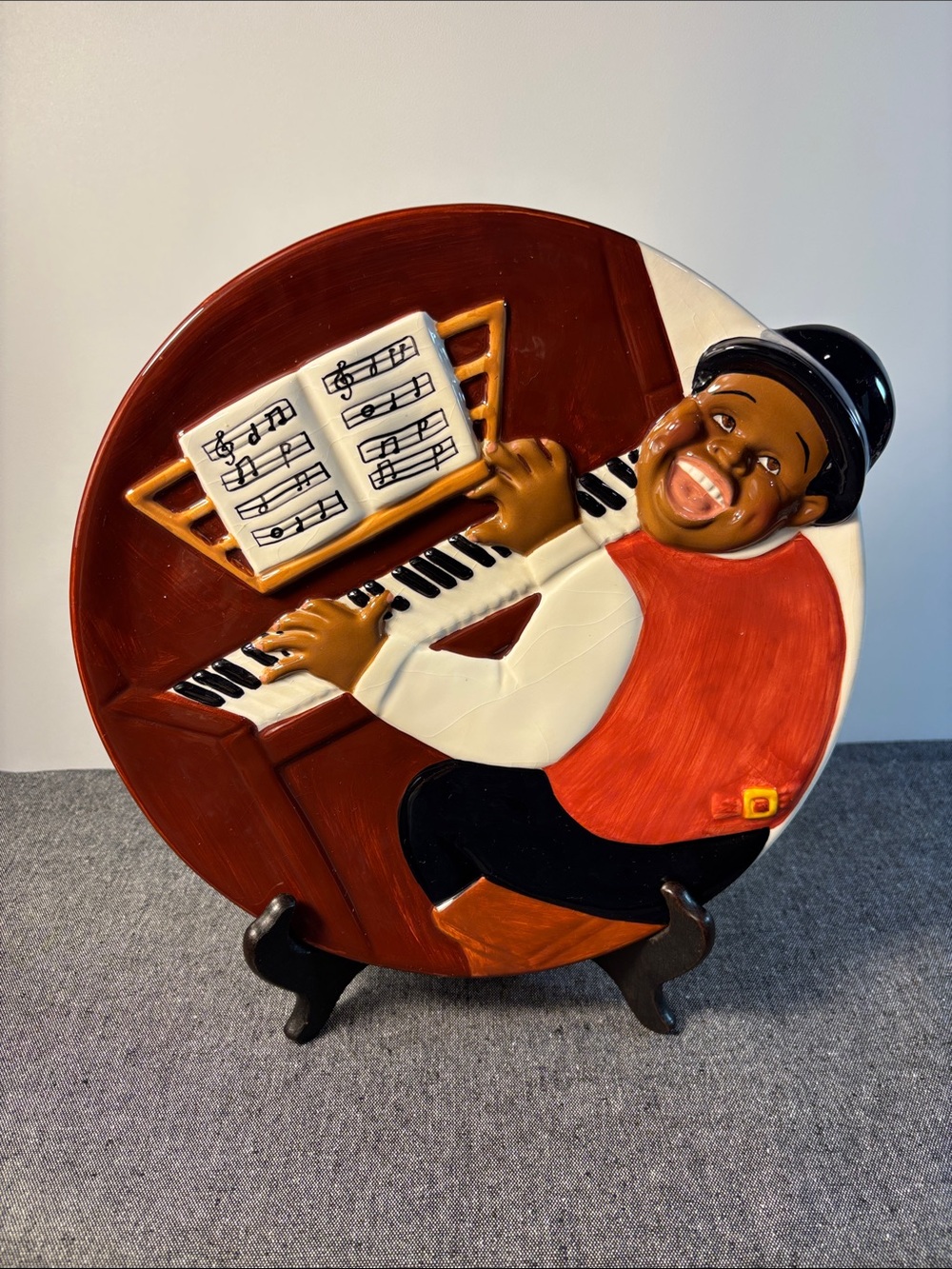 Hand-Painted Ceramic Jazz Pianist Wall Plaque - Red, Brown, Black
